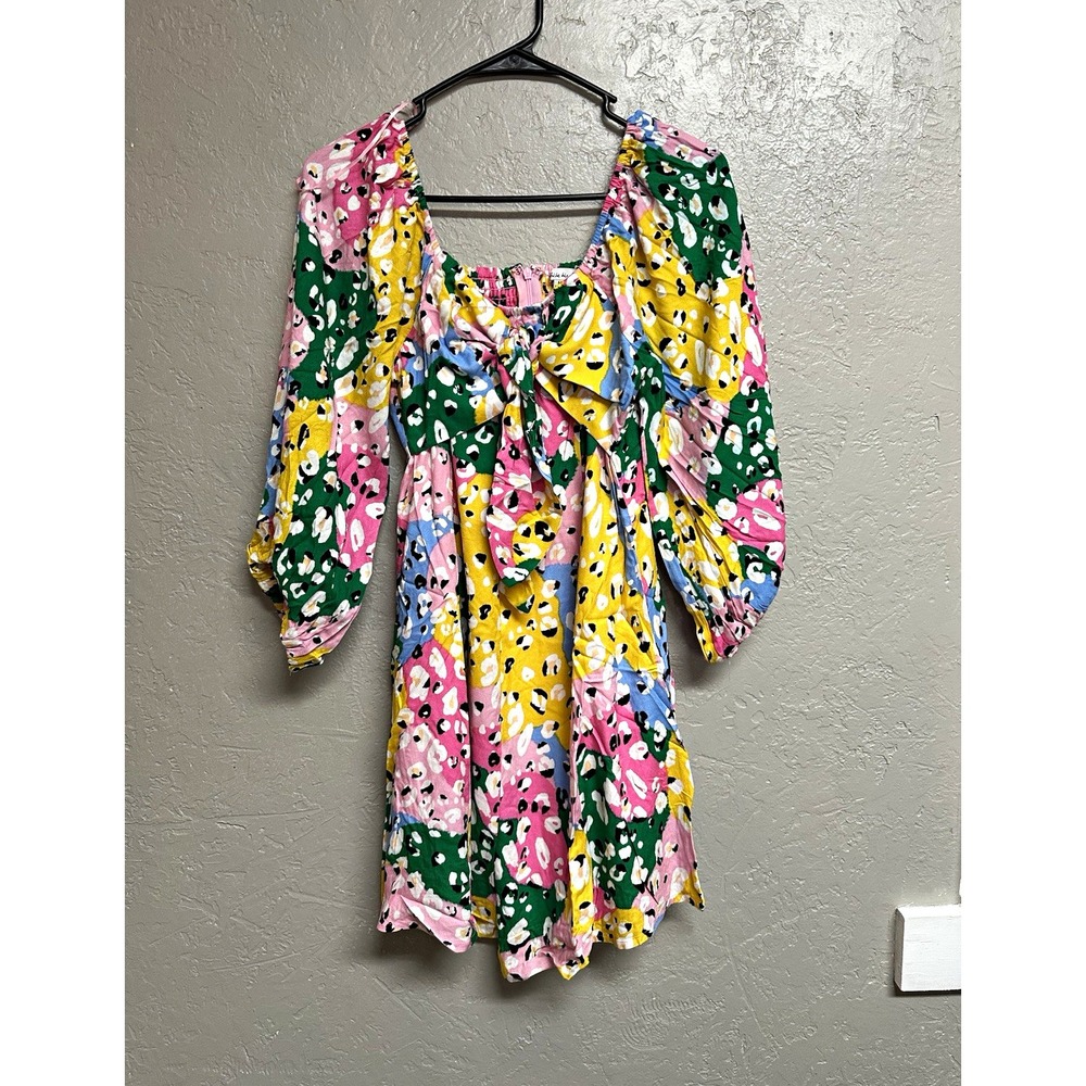White Birch Multicolor Animal Print Smocked Romper Square Neck Sz M